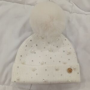 Lilly Pulitzer White Beanie with Pom Pom and Embellishments
